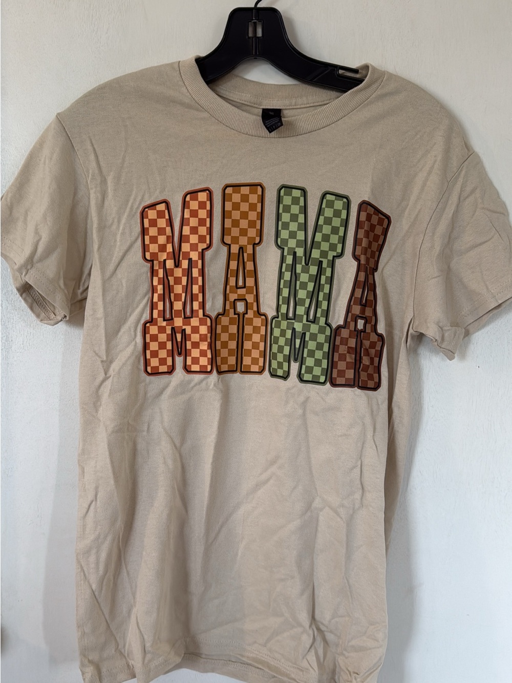 Checkered Graphic Tee in Beige with Orange & Green Accents